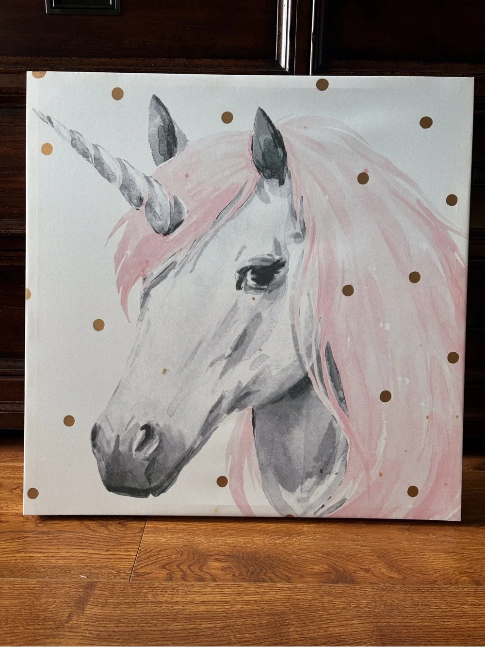 Pink Mane Unicorn Canvas Wall Art with Gold Polka Accents
